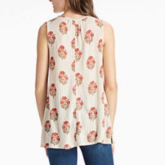 Lucky Brand Floral Oversized Flowy Sleeveless Tunic Top Sz L Linen Blend Ribbed - Picture 4 of 9